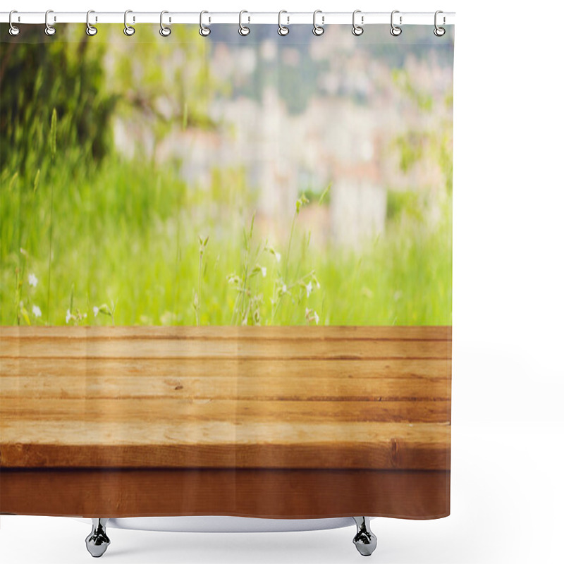 Personality  Empty wooden table over bokeh natural background shower curtains