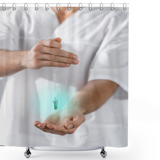 Personality  Cropped View Of Hypnotist Holding Green Stone In Clinic Shower Curtains