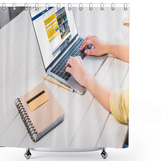 Personality  Cropped View Of Woman Using Laptop With Booking Website On Screen  Shower Curtains