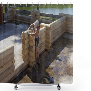Personality  Carpenters Lay Out Of Logs Wall Of A New Home. Shower Curtains