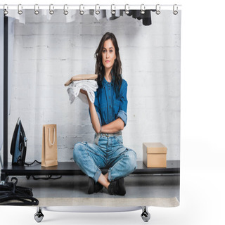Personality  Smiling Female Designer Sitting With Stack Of White T-shirts And Paper Package In Clothing Design Studio Shower Curtains