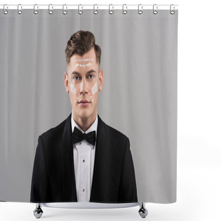 Personality  Front View Of Serious Man In Formal Wear With Cream On Face Isolated On Grey Shower Curtains