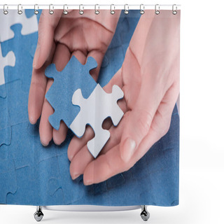 Personality  Cropped Image Of Businesswoman Assembling Blue And White Puzzles Together, Business Concept Shower Curtains