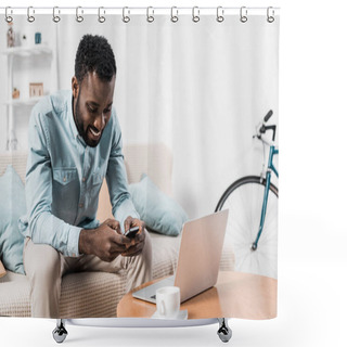 Personality  African American Freelancer Sitting On Couch And Typing On Smartphone Shower Curtains