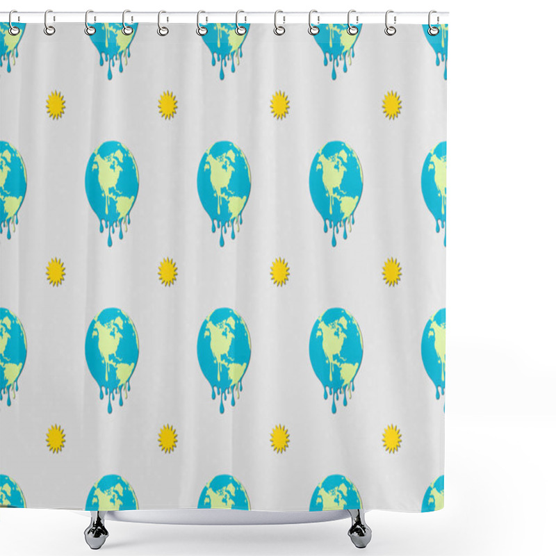 Personality  pattern with melting globes and sun signs on grey background, global warming concept shower curtains