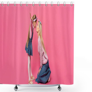 Personality  Side View Of Kid Puffing Cheeks While Standing With Outstretched Hands Near Mother On Pink, Banner Shower Curtains