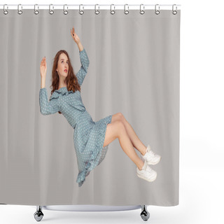 Personality  Hovering In Air. Full Length Beautiful Pensive Girl In Vintage Ruffle Dress Levitating Flying In Mid-air, Looking Up With Dreamy Relaxed Expression. Indoor Studio Shot Isolated On Gray Background Shower Curtains