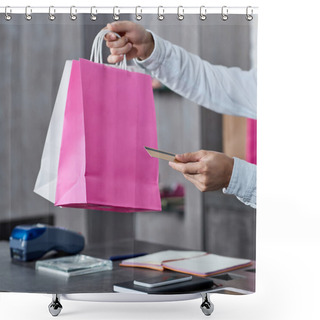 Personality  Cropped Shot Of Salesman Holding Paper Bags And Credit Card In Shop Shower Curtains