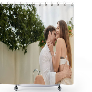 Personality  Tattooed Woman Smiling And Hugging Passionate Man During Summer Vacation, Romantic Getaway Shower Curtains