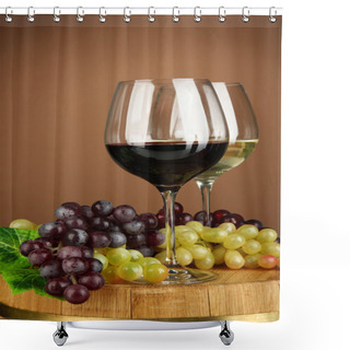 Personality  Glasses Of Red And White Wine, Grape On Wooden Barrel, On Color Background Shower Curtains