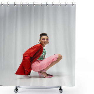 Personality  Young African American Model In Stylish Attire And Pink Sunglasses Sitting On Grey Backdrop Shower Curtains