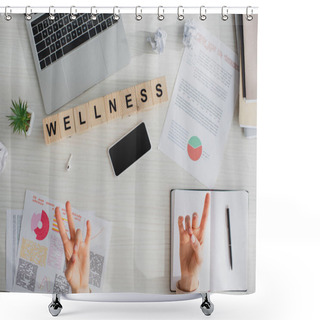 Personality  Cropped View Of Businesswoman Making Surya Mudra At Workplace With Documents, Laptop, Smartphone And Alphabet Cubes With Wellness Word Shower Curtains