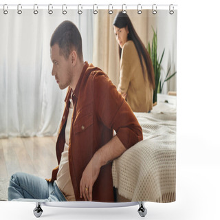 Personality  Young  Frustrated Man Sitting On Floor Near Upset Asian Wife, Relationship Difficulties Concept Shower Curtains