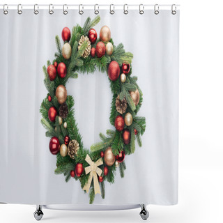 Personality  Top View Of Decorative Festive Wreath With Red And Golden Christmas Toys Isolated On White Shower Curtains