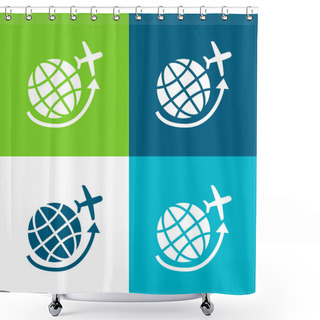 Personality  Airplane Flying Around Earth Grid Flat Four Color Minimal Icon Set Shower Curtains