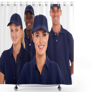 Personality  Group Of Service Industry Staff Closeup On White Shower Curtains