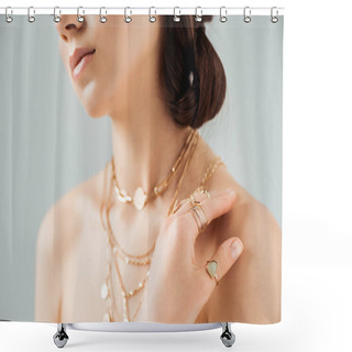 Personality  Cropped View Of Young Woman With Shiny Lips In Golden Necklaces And Rings Isolated On Grey Shower Curtains