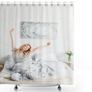 Personality  Happy Young Woman Sitting With Outstretched Hands While Waking Up At Home  Shower Curtains