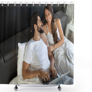 Personality  Happy Young Couple Using Laptop On Bed At Bedroom Shower Curtains