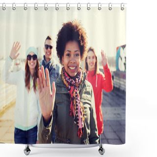 Personality  Happy Teenage Friends Waving Hands On City Street Shower Curtains