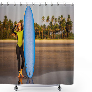 Personality  Young Sexy Woman Wetsuit Sportive Body Diving Suit With Surf Board On The Beach . Positive Emotions Cool Surfing Girl Enjoying The Summer Moment Of Sunset On The Paradise Shore Travel And Impression Shower Curtains
