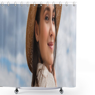 Personality  Pleased Young Woman In Sun Hat Against Blue Sky, Banner Shower Curtains