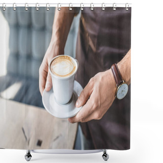 Personality  Cropped Shot Of Waiter Holding Cup Of Cappuccino Shower Curtains