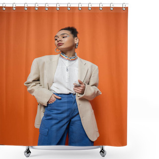 Personality  Attractive African American Model In Stylish Urban Outfit And Silver Rings On Orange Background Shower Curtains