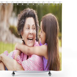 Personality  Grandmother And Granddaughter Sitting In Park Shower Curtains