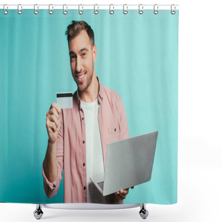 Personality  Bearded Man Shopping Online With Credit Card And Laptop, Isolated On Blue Shower Curtains