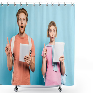 Personality  Surprised Young Students Holding Digital Tablets And Showing Idea Sign On Blue Shower Curtains