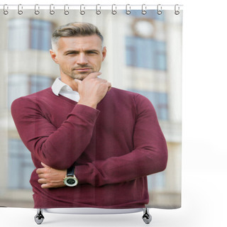 Personality  Predict Developments. Lost In Thoughts. Cognitive Process. Intellectual Work. Attractive Mature Man. Mature Man Grey Hair And Bristle Outdoors. Man Stylish Hairstyle. Male Face. Businessman Concept Shower Curtains