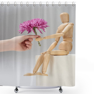 Personality  Cropped View Of Woman And Wooden Doll Holding Aster On Grey Background Shower Curtains
