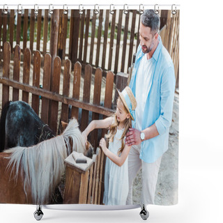 Personality  Cheerful Kid Touching Pony While Standing Near Father In Zoo  Shower Curtains