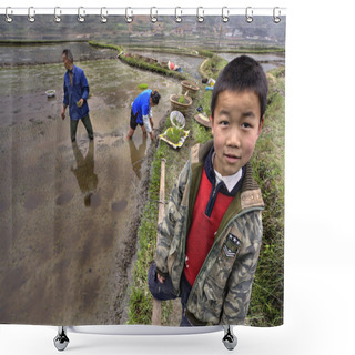 Personality  Asian Boy In Uniform Stands Next To Flooded Rice Field. Shower Curtains