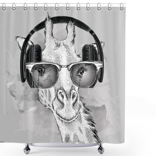 Personality  Portrait Of Giraffe With Glasses And Headphones. Vector Illustration Shower Curtains