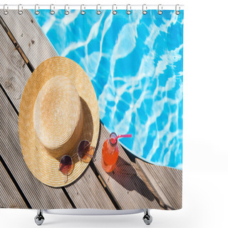 Personality  Top View Of Wicker Hat, Sunglasses And Bottle With Summer Drink Near Swimming Pool    Shower Curtains