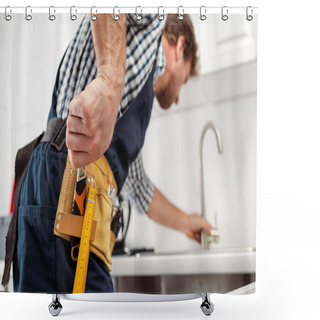 Personality  Selective Focus Of Plumber Taking Wrench From Tool Belt While Fixing Faucet In Kitchen  Shower Curtains