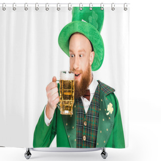 Personality  Leprechaun Celebrating St Patricks Day With Beer, Isolated On White Shower Curtains