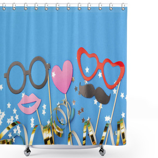 Personality  Party Props On A Blue Background. Birthday, Wedding Party Celebr Shower Curtains