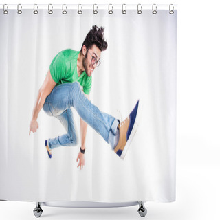 Personality  Handsome Man Dressed Casual Jumping And Smiling - Dynamic Wide Shower Curtains