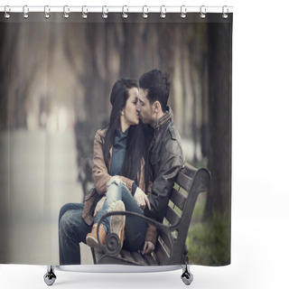 Personality  Couple Kissing At The Bench At Alley. Shower Curtains