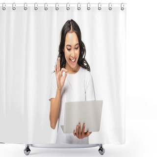 Personality  Young Asian Woman Using Laptop And Showing Ok Gesture Isolated On White Shower Curtains