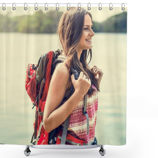 Personality  Young Girl With Backpack Shower Curtains