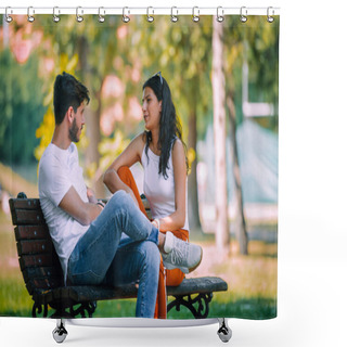 Personality  Young Couple Sitting On Bench Quarreling With Each Other At The Park Shower Curtains