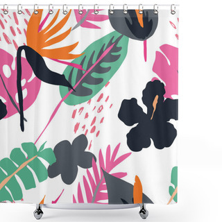 Personality  Minimal Summer Trendy Vector Tile Seamless Pattern In Scandinavian Style. Bird Of Paradise, Hibiscus, Laceleaf Flowers, Palm Leafs. Textile Fabric Swimwear Graphic Design For Pring. Shower Curtains