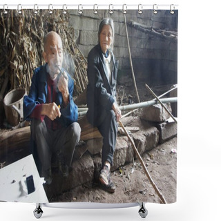 Personality  Elderly Chinese Couple Liang Zifu, Left, And Li Suying Sit Outside A Cave, Which They Have Lived In For 54 Years, Near Nanchong City, Southwest China's Sichuan Province, 24 September 2016 Shower Curtains