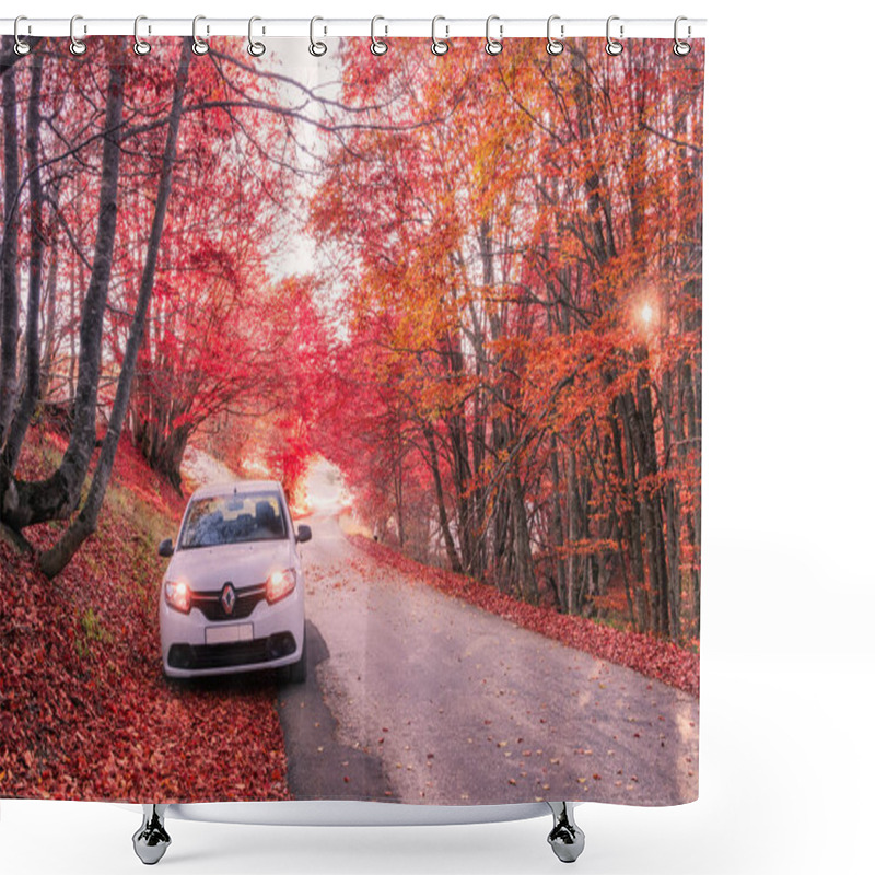 Personality  Renault Logan (Other Names: Renault Tondar, Dacia Logan, Nissan Aprio, Mahindra Verito). The Car Is Parked In The Autumn Forest. October 31, 2015. Shower Curtains