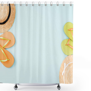 Personality  Top View Of Straw Hats And Flip Flops On Blue Background Shower Curtains
