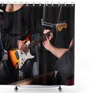 Personality  KYIV, UKRAINE - AUGUST 25, 2020: Cropped View Of Man Touching Guitar Strings, While Woman Playing During Rock Band Rehearsal Shower Curtains